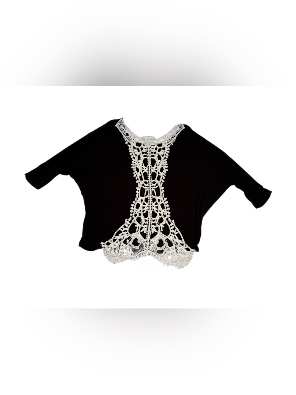 Boho White Crochet Lace Open Back Black Dolman Top from Brenda's Size Medium